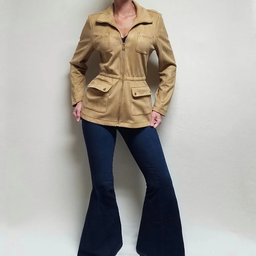 Marc New York Tan Faux Suede Full-zip Fitted Waist Utility Jacket Cargo Jacket M